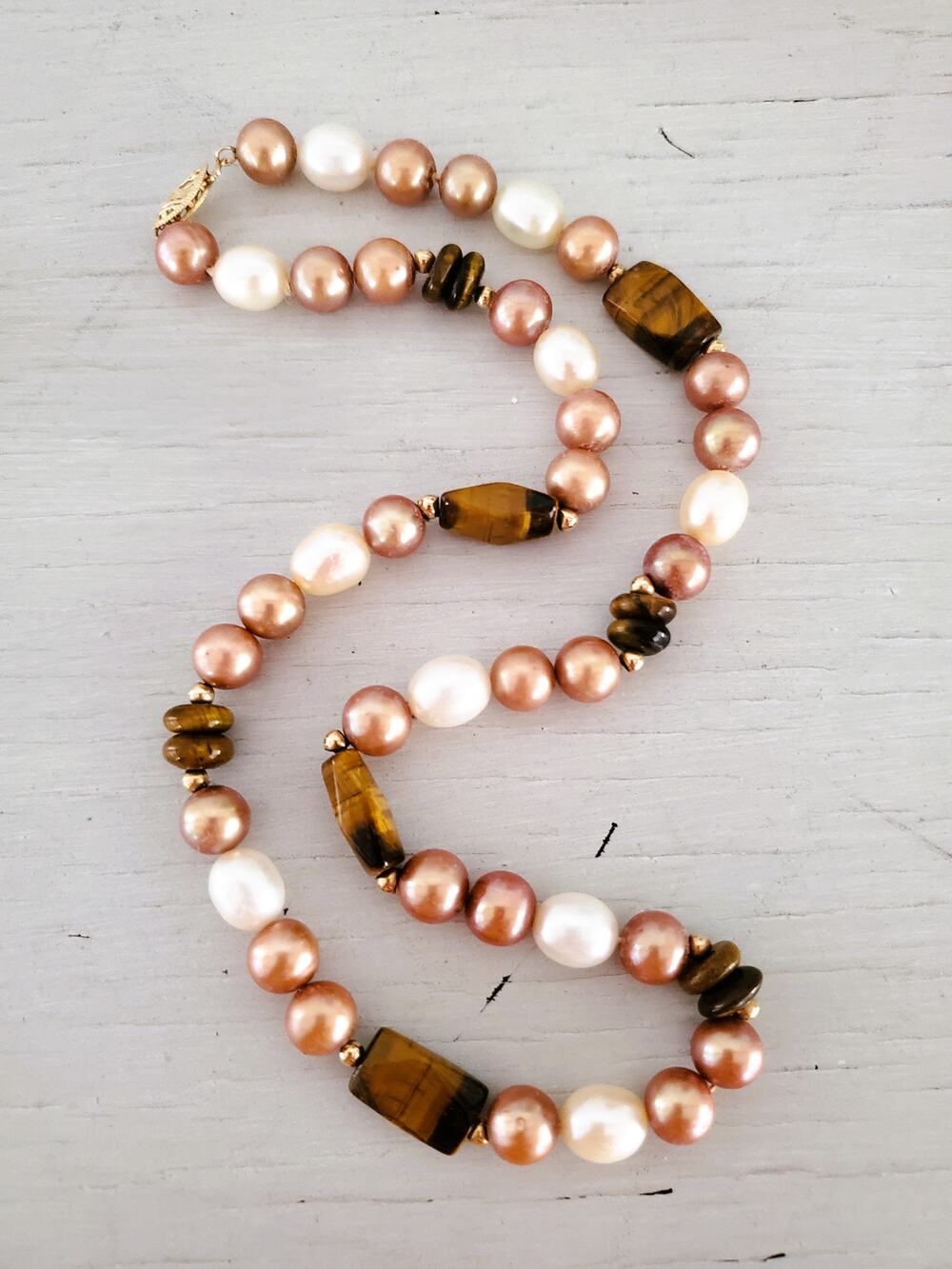 14K Gold Honora Natural Brown Cream Pearl & Tigers Eye Necklace